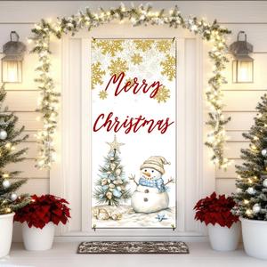 Merry Christmas Door Cover Decorations, Christmas Tree Snowman Golden Snowflakes Doorway Door Curtains Banners Backdrop Photography Decor for Winter Holiday Party Indoor Outdoor, 35 * 79 Inch