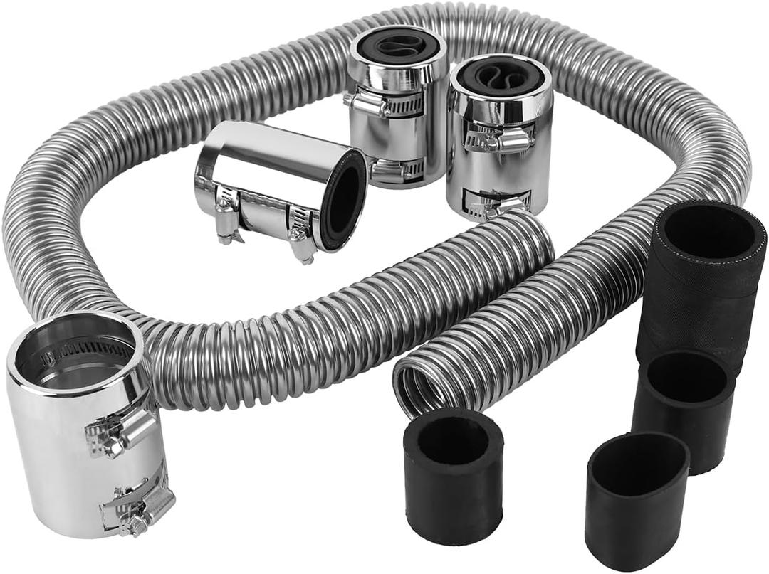 48" Flexible Radiator Hose Stainless Steel Engine Cooling Water Hose Kit Universal Water Hoses Adapter with Chrome Cap Clamp (Silver)