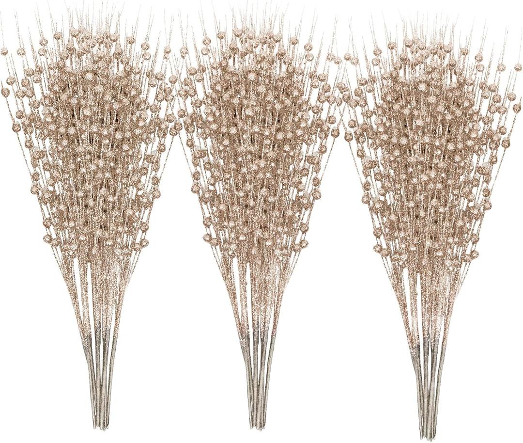 24 PCS Artificial Glitter Holly Berry Stem Ornaments Berry Picks Branches Glittery Bead Sticks for Christmas Tree Decorations Wreath Vase and Home Decor,Champagne