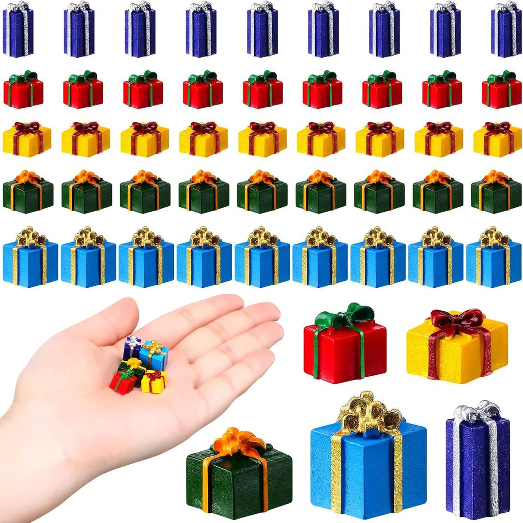 Bucherry 50 Pcs Christmas Miniature Resin Gift Boxes Multicolor Mini Christmas Ornaments Xmas Miniature Figurines Charms for Craft DIY Garden Accessories