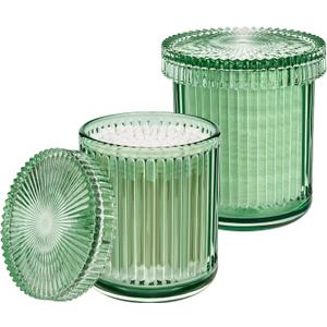 2 Pack Qtip Holders for Bathroom, Clear Glass Apothecary Jars with Lids, Vintage Bathroom Canisters for Cotton Balls, Swabs, Floss Picks, Hair Ties, Vanity Organizer and Storage Decor (Green)