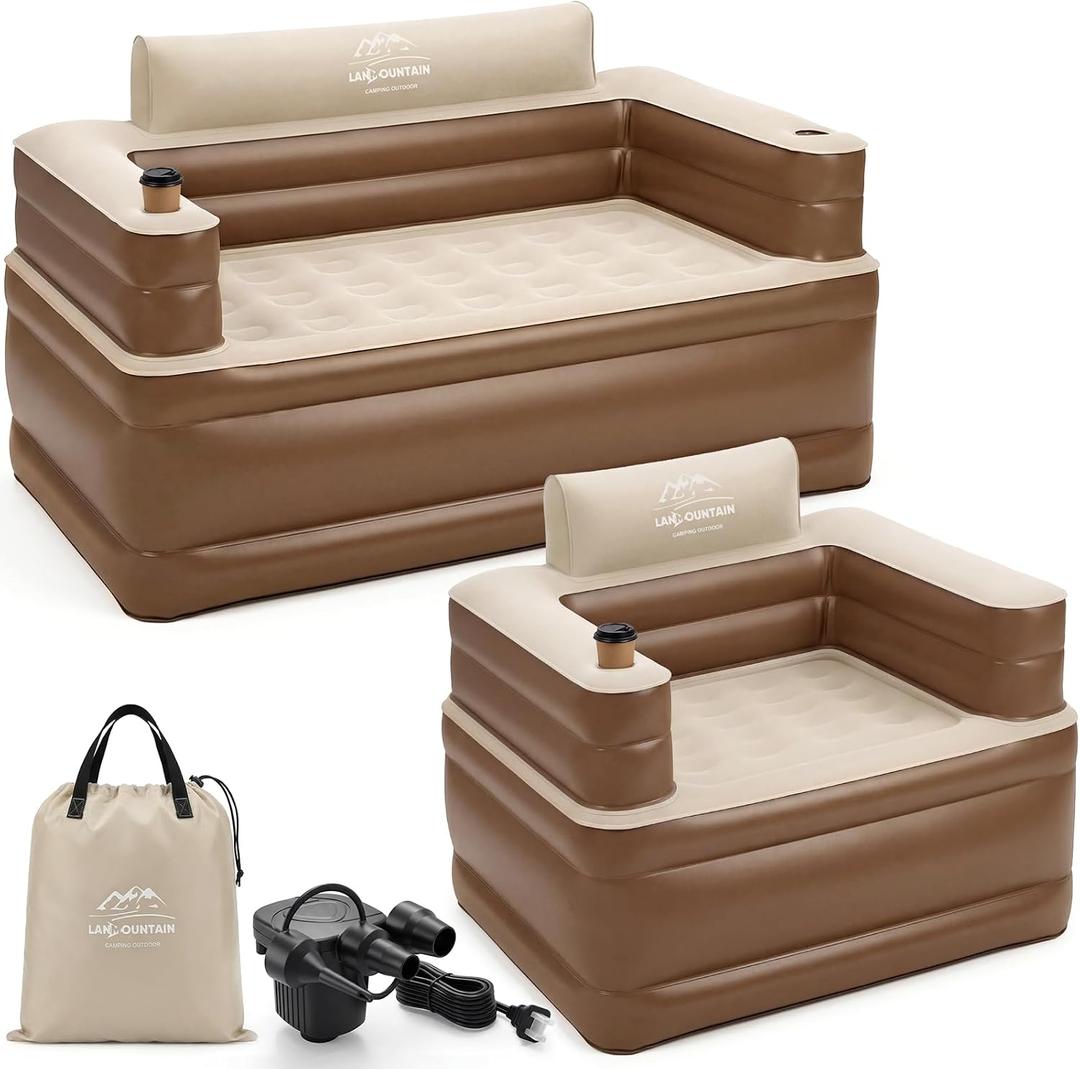 Inflatable Couch Set with Cup Holders & Pump, Velvety Air Sofa (1 Loveseat 60"x32"x34" & 1 Chair 41"x32"x34") for Camping & Home