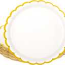 AimFun White Scalloped Party Plates Gold Foil Border Paper Plates Disposable 9inch Serving Plates for Birthday Wedding Bridal Baby Shower Party Supplies (48, White)