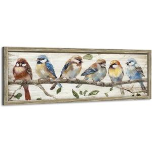 Colorful Bird Framed Wall Art: Cute Chickadee Wooden Painting Vintage Sparrow Picture Bluebird on Branch Prints Countryside Artwork Rustic Decor for Living Room Bedroom Farmhouse