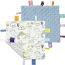 CREVENT Tag Security Blankets for Babies, Soft Small Loveys for Girls, Baby Comforter Sensory Blanket, Great Gifts for Birthday Baby Shower 10"X10" (Dinosaur+Blue)
