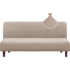 PrinceDeco Stretch Armless Futon Cover Futon Slipcover Full Queen Size Futon Couch Cover Futon Sofa Cover Futon Bed Cover Furniture Protector with Elastic Bottom, Checked Pattern Jacquard, Sand