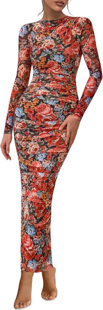 PRETTYGARDEN Women's Long Sleeve Maxi Dress 2025 Fall Ruched Bodycon Floral Mesh Formal Wedding Guest Cocktail Party Dresses (Black Multicolored Floral, S)