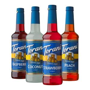 Torani Sugar Free Flavored Drink Syrup Soda Flavors Variety Pack, Raspberry, Coconut, Strawberry & Peach, 25.4 fl oz, (Set of 4), BBD 03/31/2028