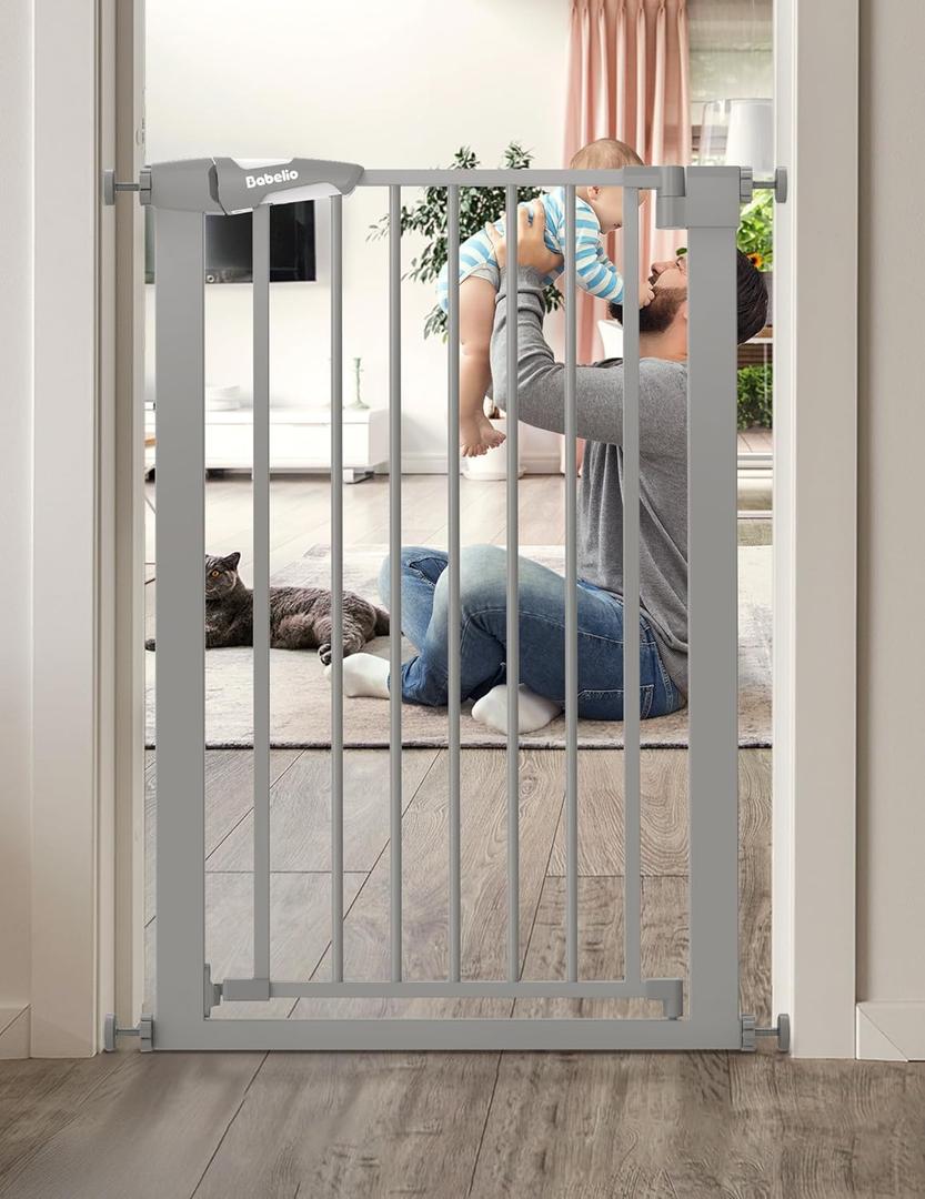 BABELIO 36" Tall Narrow Baby Gate, 26-28.5" Auto-Close Metal Dog Gate for Small Stairs/Doorways/Hallways, NO Drilling Pressure Mounted for Child and Pets, NO Extensions, Gray