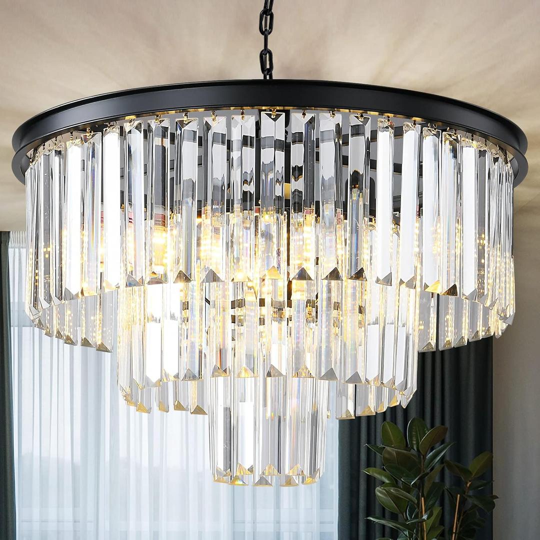 Black Modern Crystal Chandelier, 3-Tier Round Flush Mount Ceiling Light Fixtures Height Adjustable Pendant Lighting for Dining Room Living Room Bedroom Kitchen Hotel Foyer