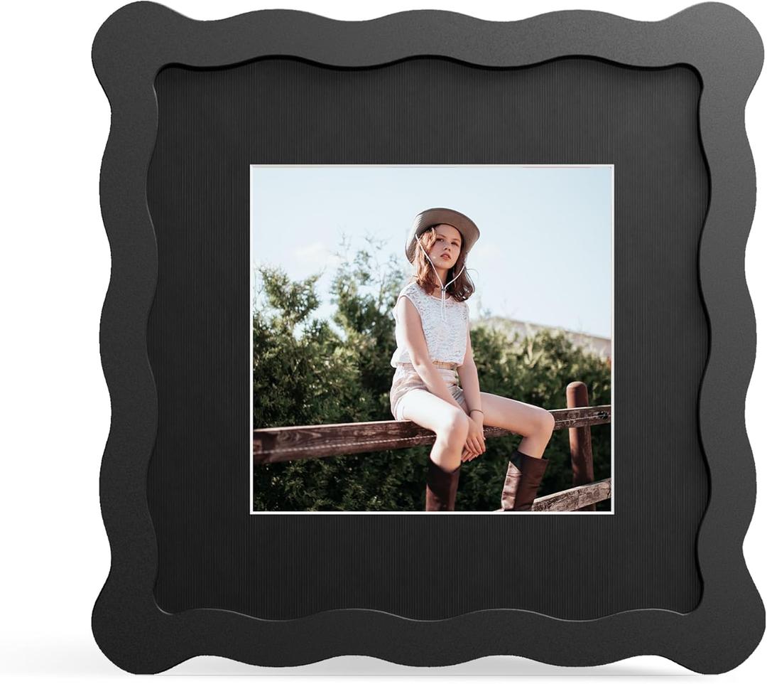 6x6 Picture Frame with Mat for 4x4, Wavy Edge Wooden Real Glass Photo Frame for Tabletop and Wall Hanging, Black, 1 Pack