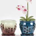 vensovo 4 Inch Ceramic Orchid Pots with Holes and Saucers - 2 Pcs Small Succulent Pot for Repotting, Garden Flowerpots for Plants Indoor and Outdoor Promotes Air Circulation (Blue, Brown Mixed)