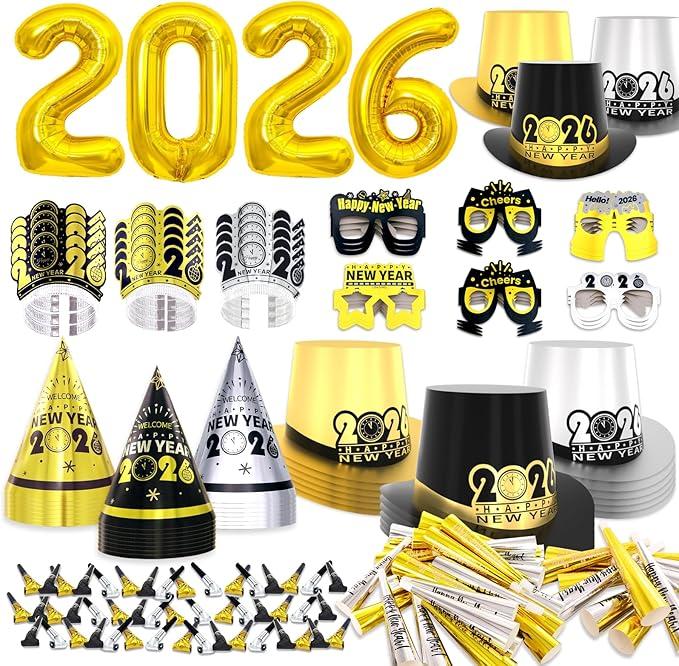 New Years Eve Party Supplies 2026 for 90 Guests, Happy New Years Decorations Party Favors Includes Top Hats, Tiaras, Glasses Accessories for Adults Kids Nye Decorations 2026