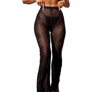 SHENHE Women's Solid Sheer See Through High Waist Wide Leg Cover Up Pants Bathing Suit, Size S
