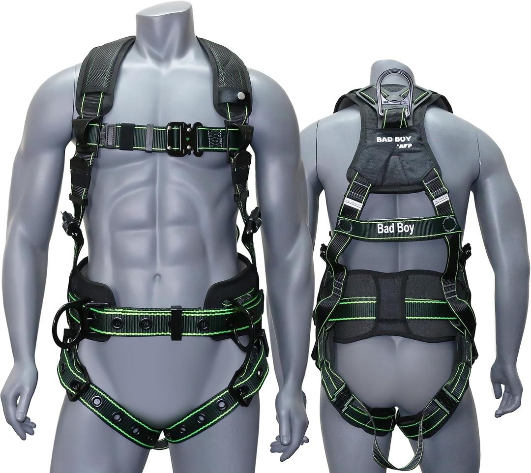 AFP Fall Protection Full-Body Premium Safety Harness, 8 Thick Support Belt, Aluminum D-Rings, Tongue Buckle (OSHA/ANSI PPE), Small-Medium
