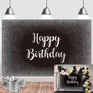 Black and Silver Happy Birthday Backdrop Grey Glitter Photography Background Men Women Adult Birthday Decoration Supplies 7x5FT (7x5FT(width 210cm x Height 150cm))