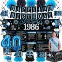 40th Birthday Decorations for Men, Black Blue Vintage 1986 Happy 40th Birthday Banner Backdrop Balloons Sash Card Cake Table Topper Hanging Swirls Paper Pompoms, 40 Years Old Party Supplies 20pcs