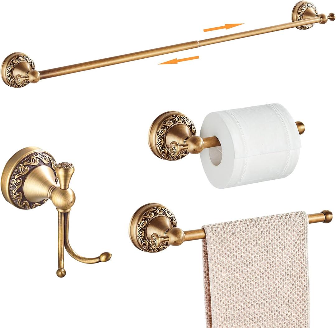 Antique Bronze Bathroom Hardware Set,Adjustable Towel Rack, Toilet Roll Paper Holder,Hand Towel Holder,Hook, Bathroom Accessories Set Wall Mounted Carve Patterns