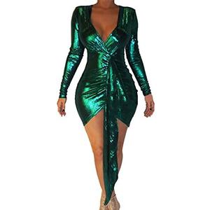 BestGirl Women's Sexy Dress Deep V Neck Long Sleeve Ruched Sparkly Bodycon Club Mini Dresses (Green, Medium)