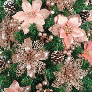 Neten 56 Pcs Christmas Tree Decorations, Christmas Ornaments Set with Poinsettias Artificial Flowers, Berry Stems and Pine Cones, Xmas Floral Decor for Tree, Wreath and Garland (Pink)