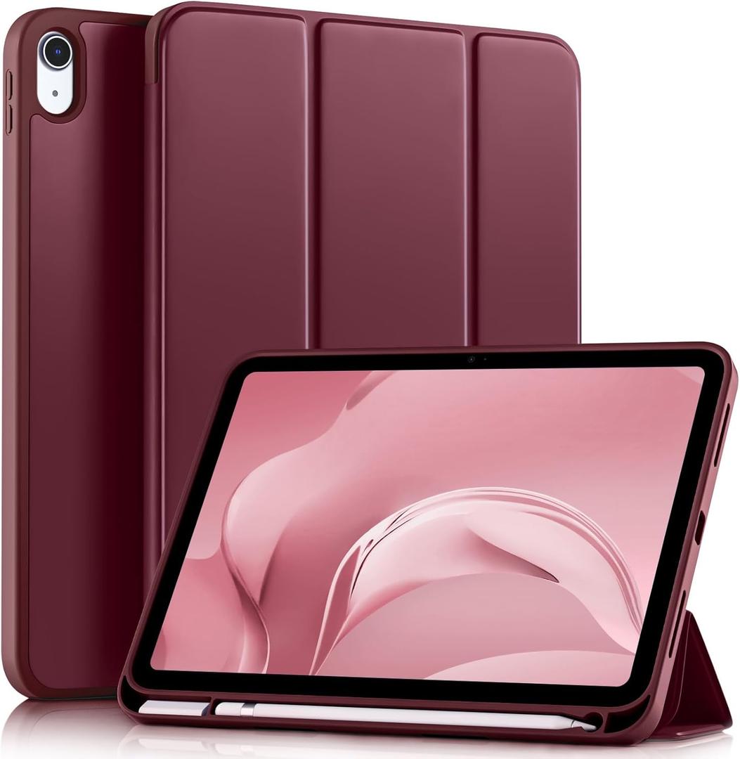 Akkerds Compatible with iPad (A16) 11th Generation Case 11 Inch 2025, for iPad 10th Generation Case 10.9 Inch 2022 with Pencil Holder, Slim Trifold Stand Protective Cover with Soft TPU Back, Wine Red
