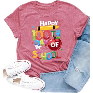 100 Days of School Shirts for Women Happy 100th Days Teacher T-Shirt Funny Pencil Apple Tee Tops (Small, Pink)