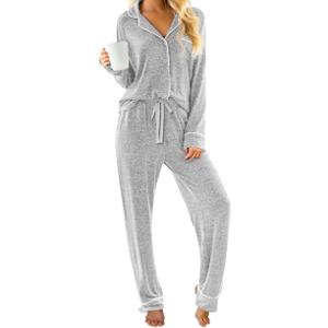 PrinStory Womens Pajama Sets Long Sleeve Pajamas Set Button Down Pjs Sets for Women 2 Piece Lounge Set (X-Small, Light Gray)