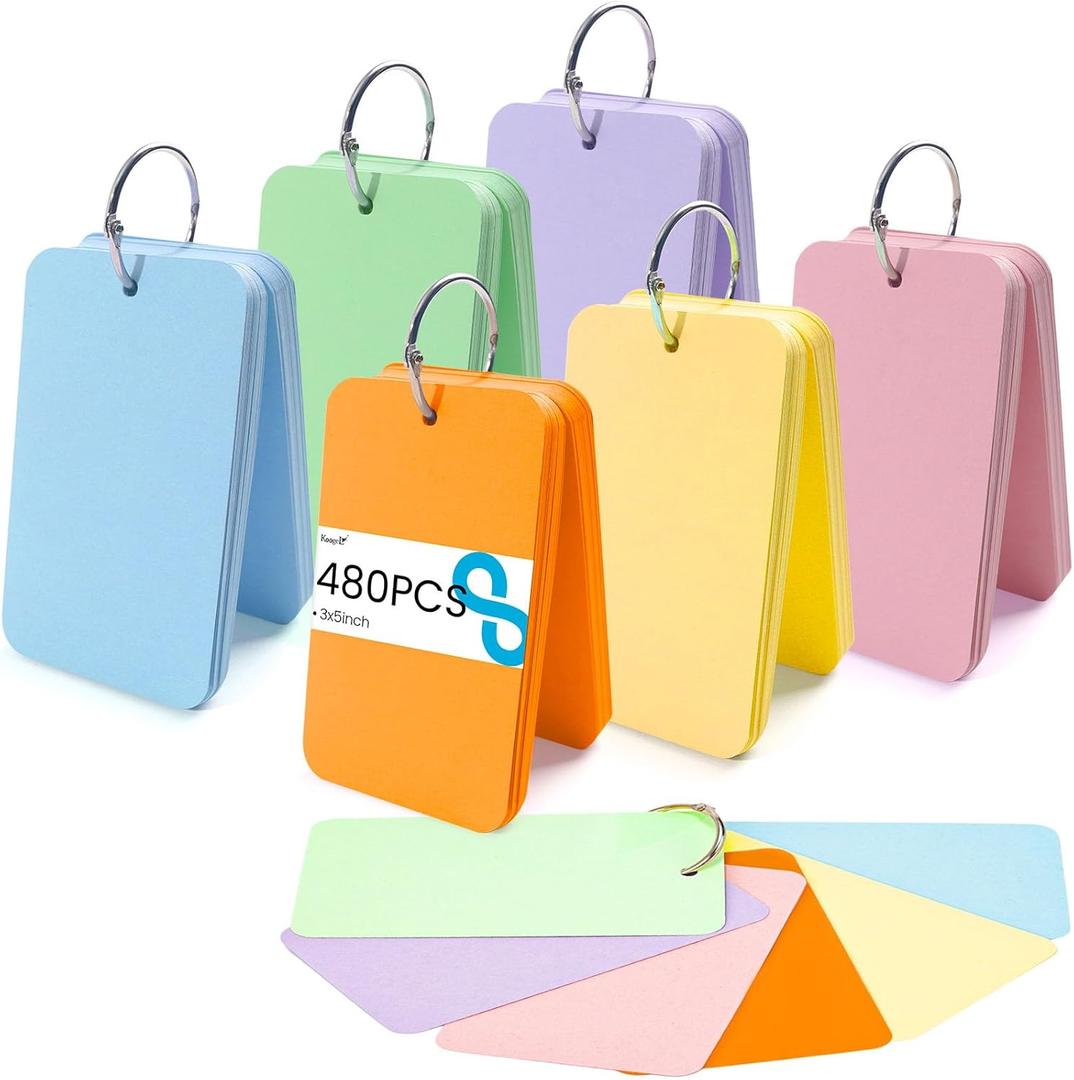 Koogel 480 Pcs Colored Index Cards, 3 x 5 Inch Flash Cards Colored Notecards on Ring Heavyweight Notecards for School Learning Studying College Memory Recipe Game Supplies