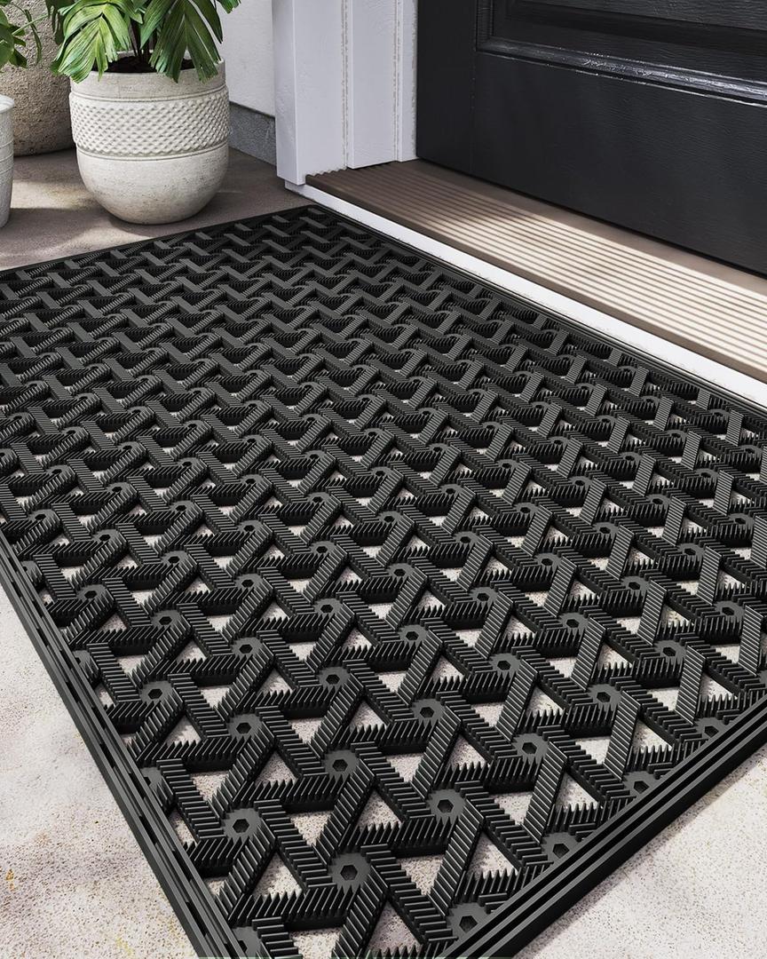 DEXI Front Door Mat Outside Entrance Rubber 19x30, Welcome Floor Doormat Heavy Duty Non Slip, Dirt Trapper Waterproof Exterior Entry Mats All Weather for Patio Entryway Drainage, Black (1'7" x 2'6" (Rectangular))