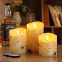 qinxiang Flameless Candles LED Candles Birch Bark Set of 3 (D 3.25" x H 4" 5" 6") Ivory Real Wax Pillar Battery Operated Candles with LED Flame 10-Key Remote Control and Cycling 24 Hours Timer