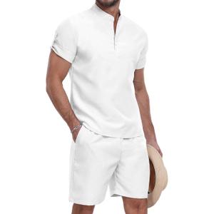YTD Men's 2 Pieces Set Short Sleeve Henley Shirts and Shorts Texture Summer Beach Vacation Outfits (Large, White)
