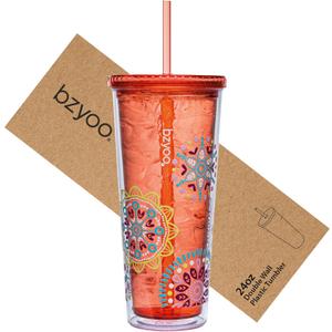 bzyoo SIP 24oz (710ml) Double Wall Plastic Tumbler with Lid and Straw Cold Drink Travel Mug Reusable Party Cup Perfect for Ice Coffee, Tea Office Poolside Parties Gifts Color: Medallion Orange bzyoo SIP 24oz (710ml) Double Wall Plastic Tumbler with Lid and Straw Cold Drink Travel Mug Reusable Party Cup Perfect for Ice Coffee, Tea Office Poolside Parties Gifts Color: Medallion Orange