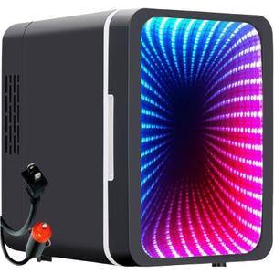 Mini Fridge, 6 Cans Small Refrigerator with Dimmable LED Light & Mirror Door, Portable Thermoelectric Cooler/Warmer for Bedroom, Office, Car and Gaming Room AC/DC Power