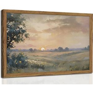 Vintage Sunset Wall Art Rustic Cottagecore Landscape Wall Decor Fall Country Nature Painting Artwork 3D Textured Sandstone for Living Room Bedroom 16x24 Inch Wood Framed
