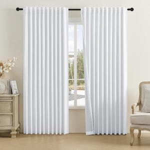 DUALIFE 100% Linen Blackout Curtains for Ceiling Track System Back Tab, Loop Pocket Curtains 84 Inch Wide Pinch Pleated Drapes for Patio Sliding Glass Door, Greyish White,W84x L96, 2 Panels