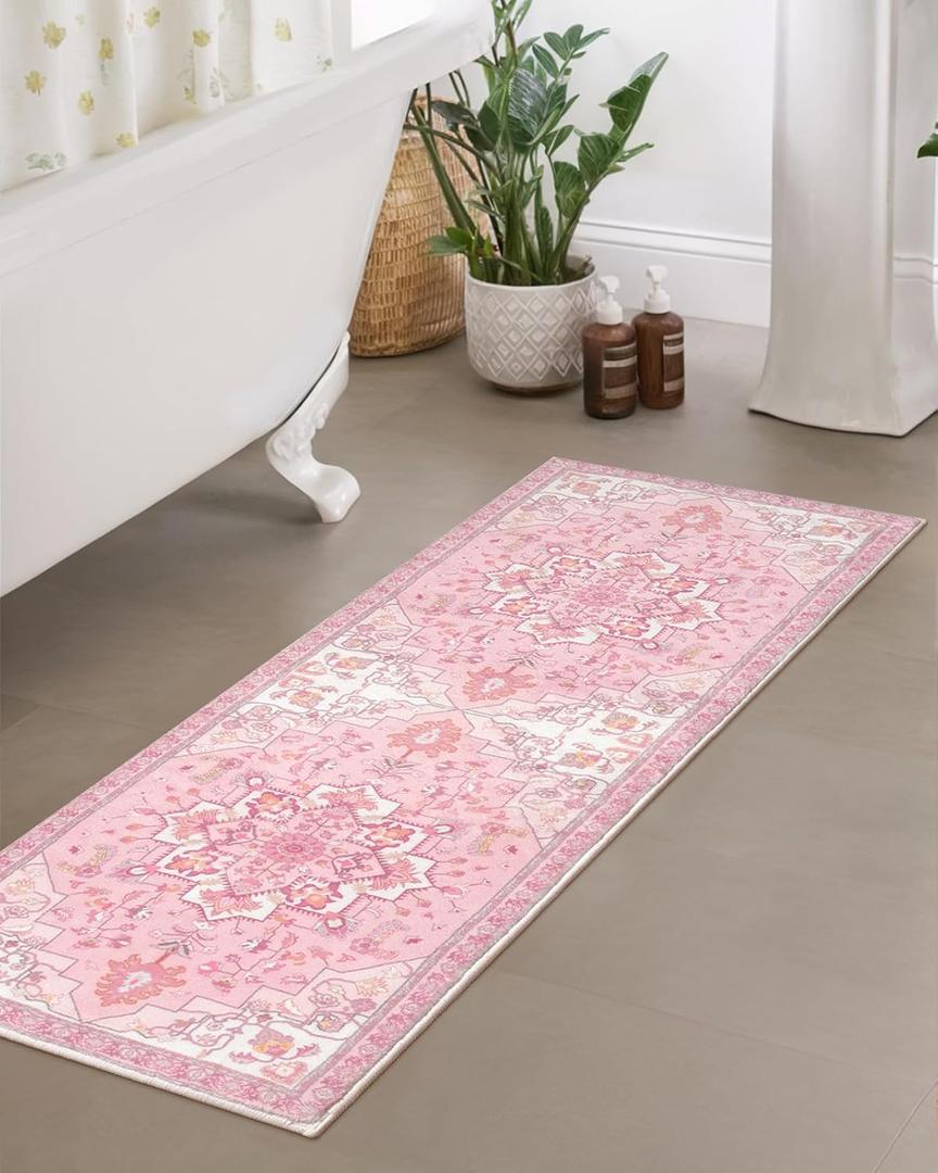 Seavish Vintage Bathroom Runner Rugs, 18"x47" Pink Bathroom Rugs Non Slip Washable, Boho Oriental Bath Mat for Tub, Soft Velvet Farmhouse Decor Bath Rug for Bathtub Sink Laundry Room