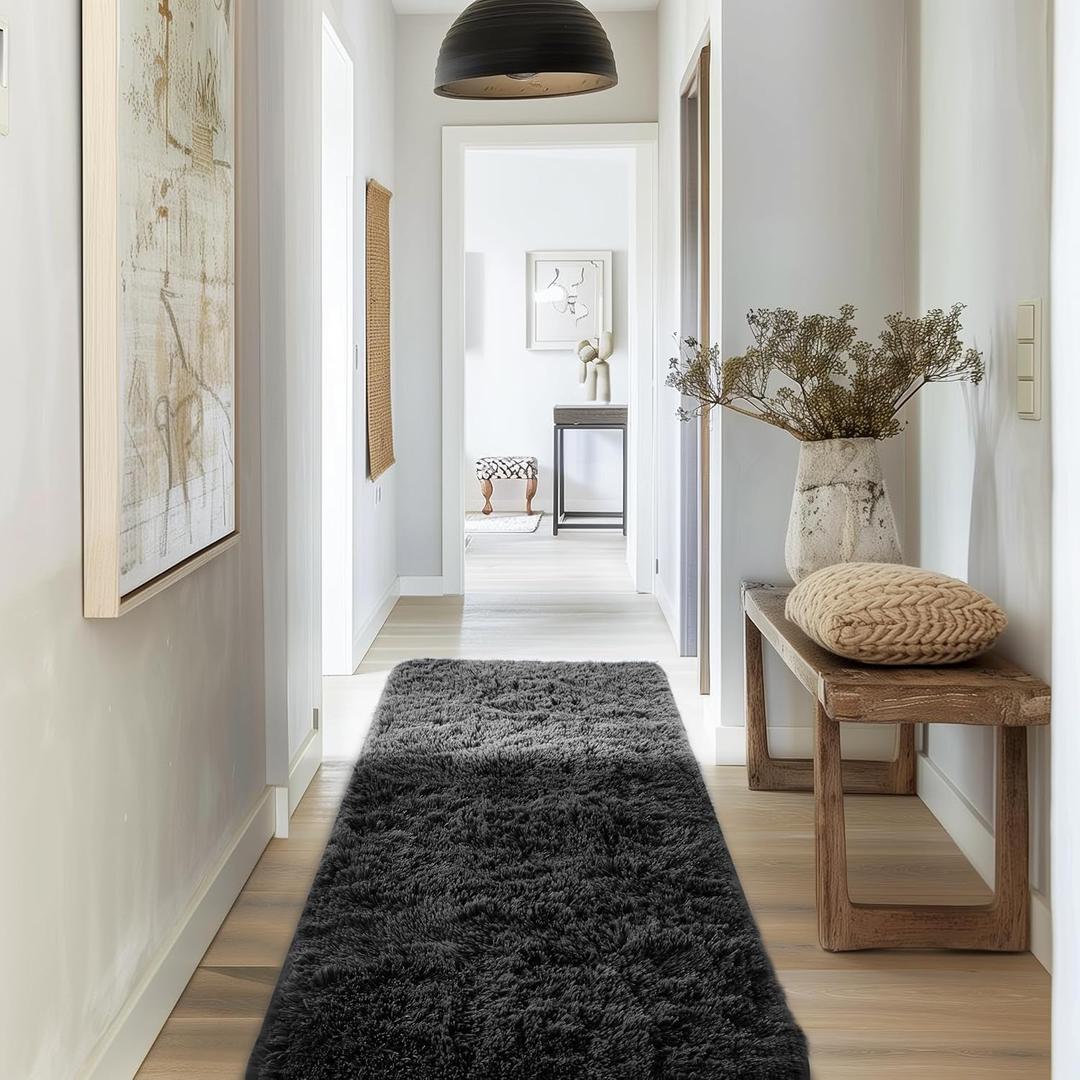 Ophanie Runner Rug for Hallway, 2x6 Bedroom Black Runner Rugs, Non Slip Fluffy Soft Shaggy Bedside Carpet for Kids Girls Boys Home Decor Aesthetic, Dorm Nursery (2' x 6', 2- Black)