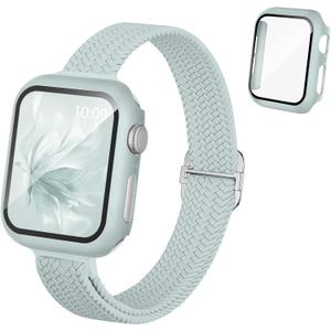 Slim Braided Stretchy Band and Case Compatible for Apple Watch Bands Women 40mm 41mm 42mm 44mm 45mm 46mm, Thin Nylon Solo Loop Protective Cover and Screen Protector for iWatch Series 11/10/9/8/7/6/5/4