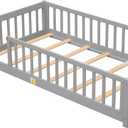 Pine Wood Floor Bed with Slats Fence & Door Easy Assembly Twin Size Bed Frame for Children Girls Boys (202 x 106 x 44cm) Grey One Size