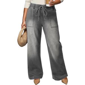 Eytino Womens Plus Size Jeans High Waisted Straight Leg Wide Leg Jean Trendy Stretchy Drawstring Denim Pants (2X, Dark Grey)