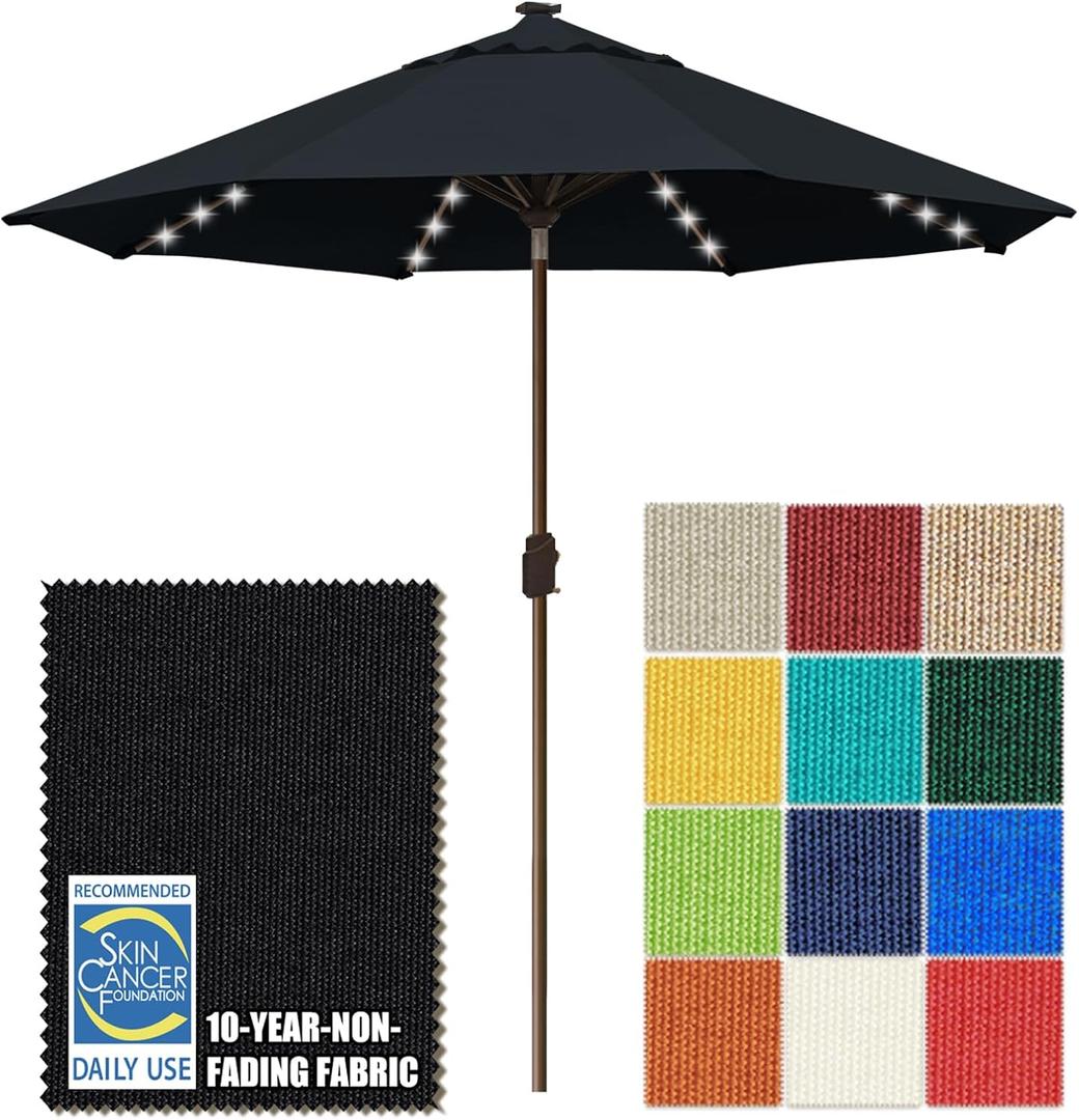 EliteShade USA 10-Year-Non-Fading 10ft Market Patio Umbrella, Commercial Grade Table Sun Umbrella with 80 Solar LED Lights, Crank Open, Windproof & UPF 50+ UV Protection for Garden, Deck, Pool, Backyard, Black
