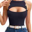 Vrtige Women's Cut Out Front Sleeveless Crew Neck Slim Fit Ribbed Tank Shirt Top (Medium, Navy Blue)