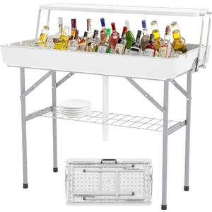 Outdoor Ice Cooler Folding Table with Extra Storage Shelf,Ice Tables for Parties with Drain,Cooler Server for Camping, Picnic, Wedding, BBQ, White (2 Tier)