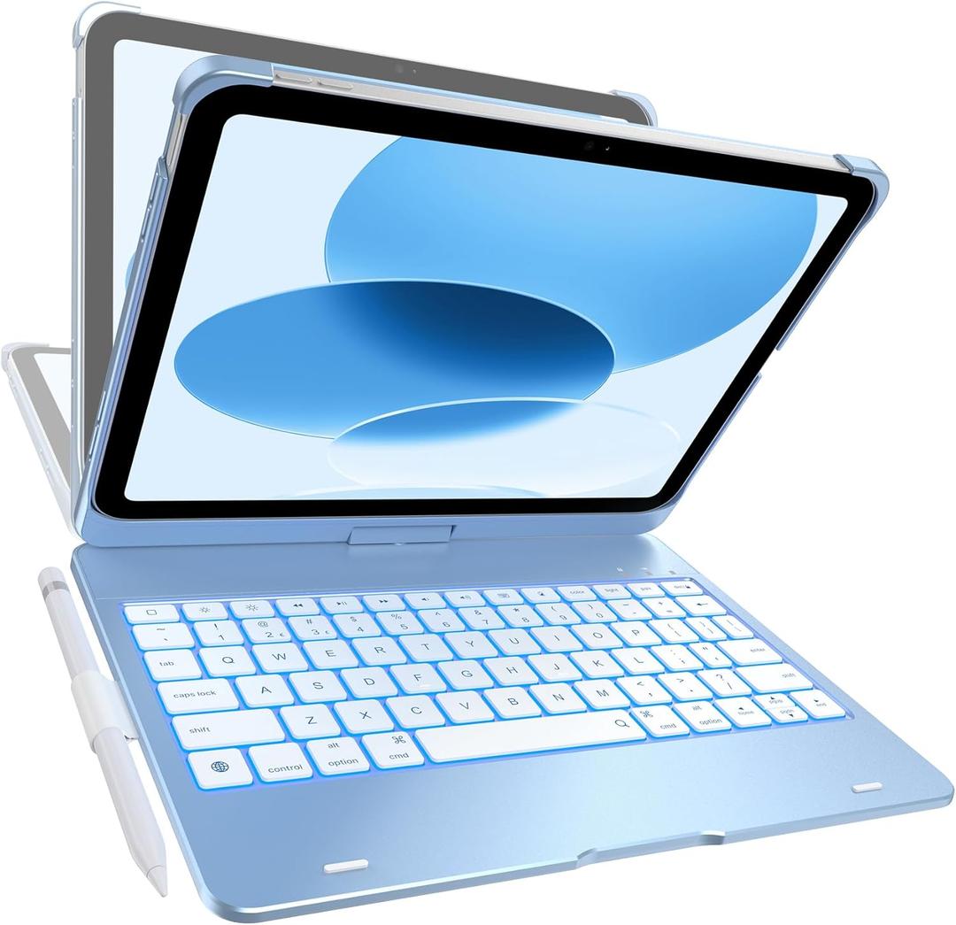 typecase Flexbook Keyboard Case for iPad 11th (A16, 2025) and iPad 10th Gen (10.9", 2022)  No Trackpad, 11-Color Backlight, 360 Rotatable, 7 Use Modes, Thin & Lightweight  Sky Blue