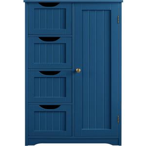 Yaheetech Wooden Bathroom Floor Cabinet, Side Storage Organizer Cabinet with 4 Drawers and 1 Cupboard, Freestanding Entryway Storage Unit Console Table, Bathroom Furniture Home Decor, Navy Blue (22 x 12 x 32.5 In (LxWxH))