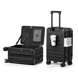 DTA Nova Expandable Lightweight PC Hard Shell Suitcase, Luggage with TSA Lock, 360 Silent Spinner Wheels, Top Opening & Cup Holder (Black, Carry-On 20-Inch)