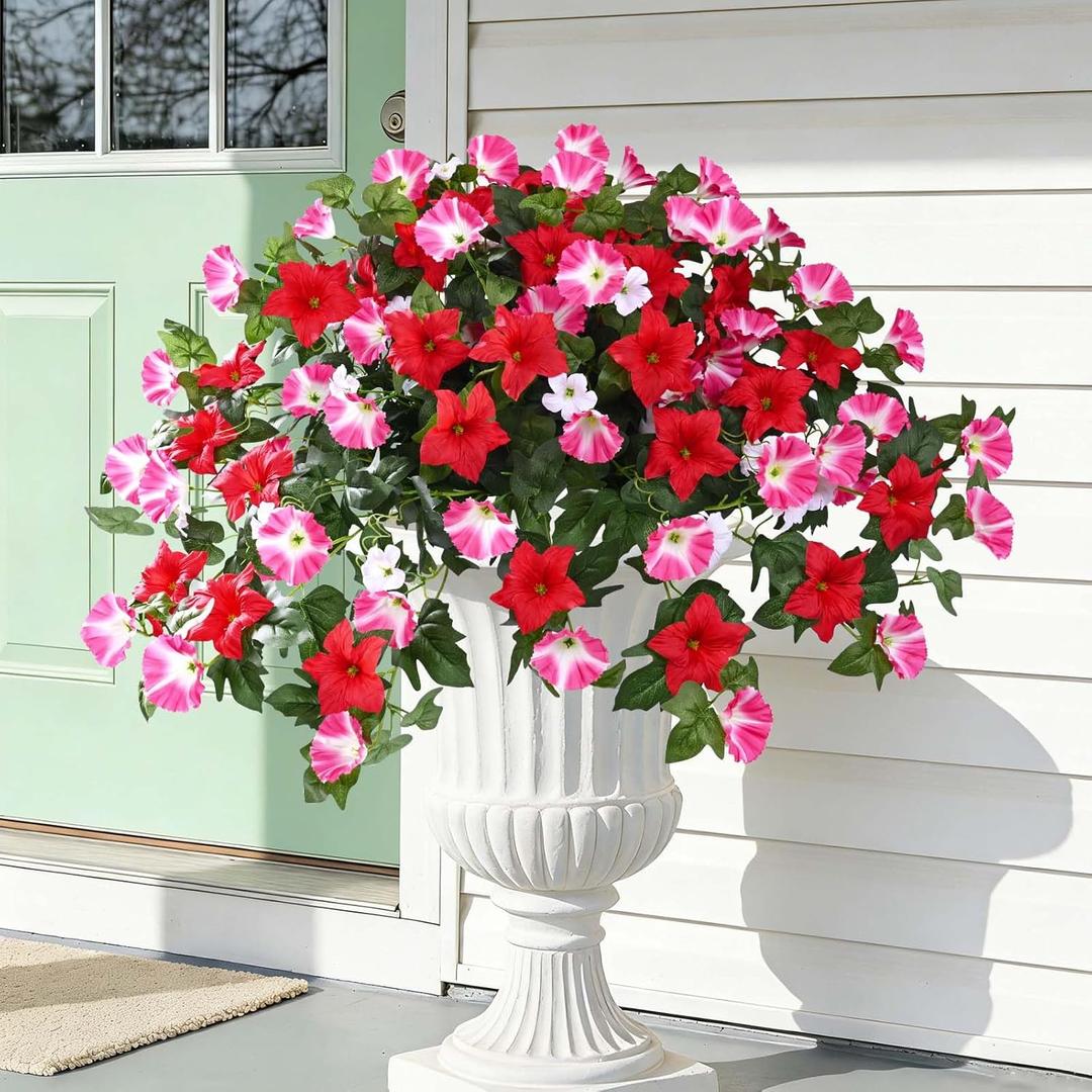 Yastouay Artificial Flowers for Outdoors, 4PCS Mixed Red Artificial Petunias UV Resistant Fake Flowers, Realistic Outdoor Faux Silk Flowers Plants for Outside Garden Porch Patio Spring Summer Decor