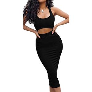 GOBLES Women's Sexy Summer Outfits Bodycon Tank Top Midi Skirt 2 Piece Dress (Gray, XL)