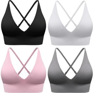 Evercute Women's Sports Bras Adjustable Deep V Neck Bras Wireless Spaghetti Strap Criss Cross Padded Low Support Sexy Bras (Medium, Black White Gray Pink 4 Pack)