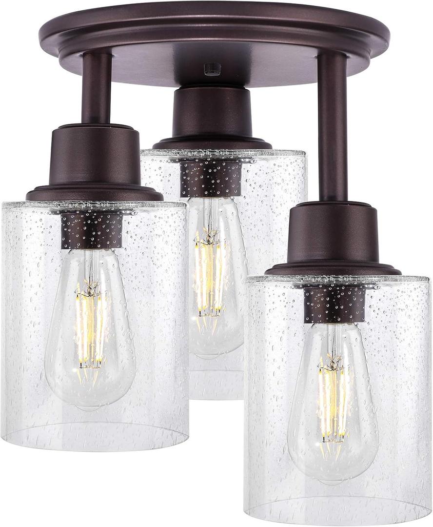 Semi Flush Mount Ceiling Light, 3-Light Close to Ceiling Light Fixtures, Vintage Oil-Rubbed Bronze Finish Kitchen Light Fixture with Clear Seeded Glass Shade Patriot Lighting for Entryway Porch Foyer